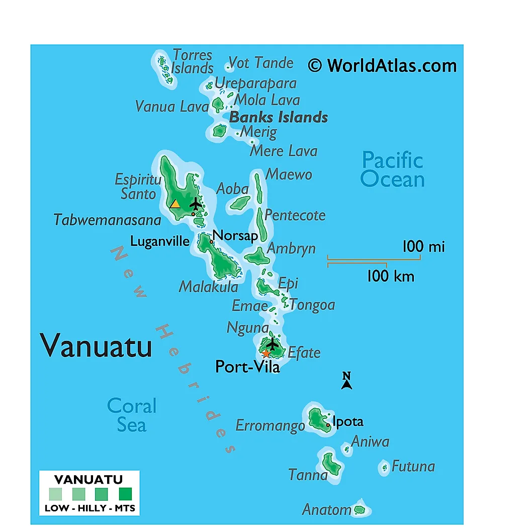 Total luas daratan 12.189 km persegi (4.706 mil persegi), Vanuatu adalah kepulauan Melanesia yang terdiri dari rangkaian ganda 13 pulau utama (pulau besar) dan sekitar 70 pulau kecil yang terletak di Samudra Pasifik Selatan seperti yang terlihat pada peta fisik Vanuatu. - Jubi/ https://www.worldatlas.com