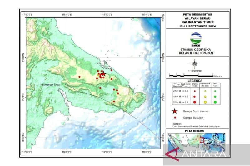 Peta pusat gempa bumi yang mengguncang sejumlah daerah di Kalimantan Timur, Minggu (15/9/2024) dan Senin (16/9/2024). ANTARA/HO-Pusat Gempa Bumi dan Tsunami BMKG